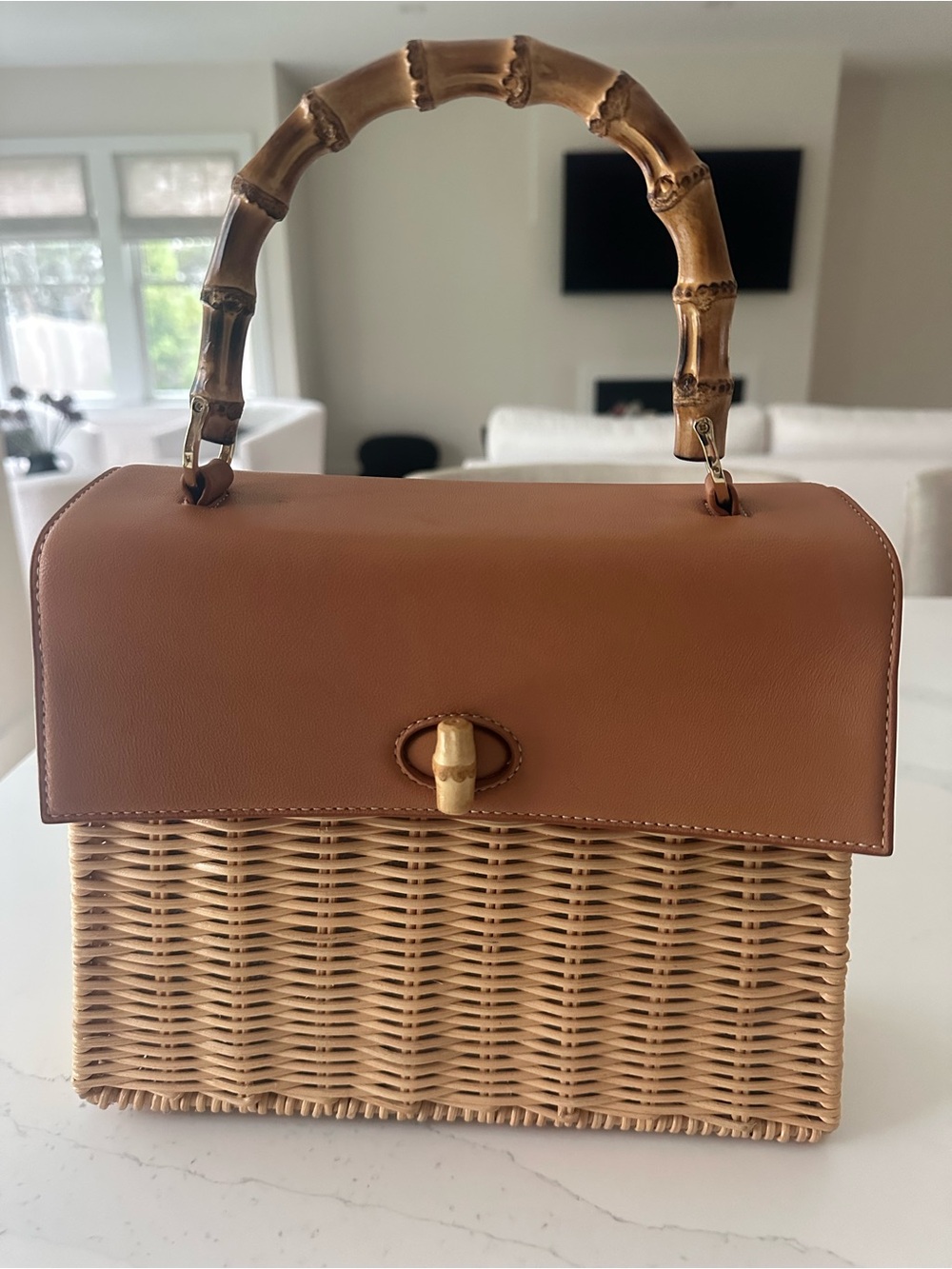 J. McLaughlin Tan Leather-Flap Wicker Satchel with Bamboo Handle